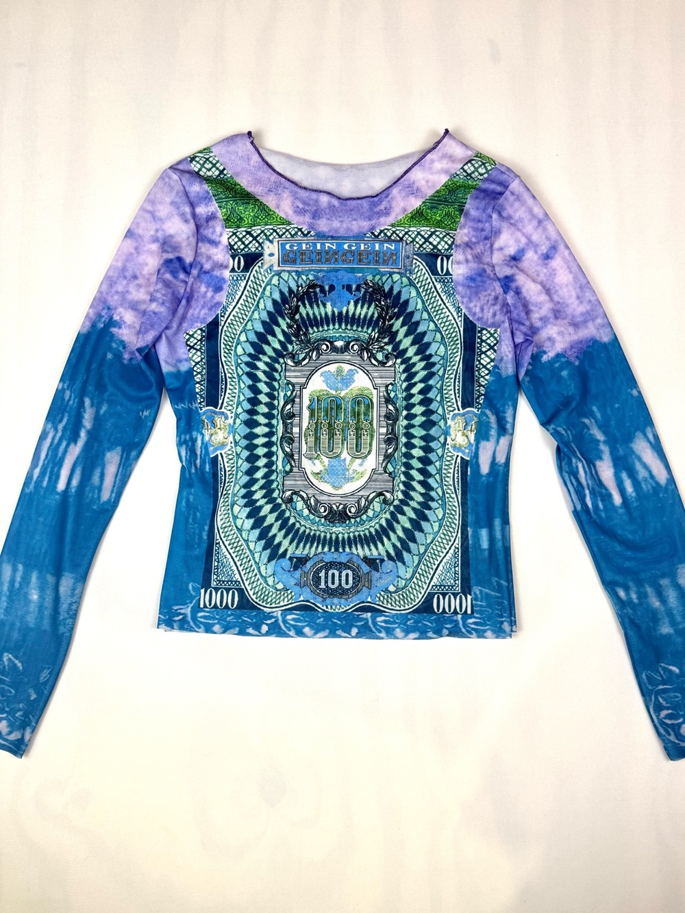 Y2K Blue Money Print Mesh Long Sleeve Top Sheer Stretch Club Kid Medium